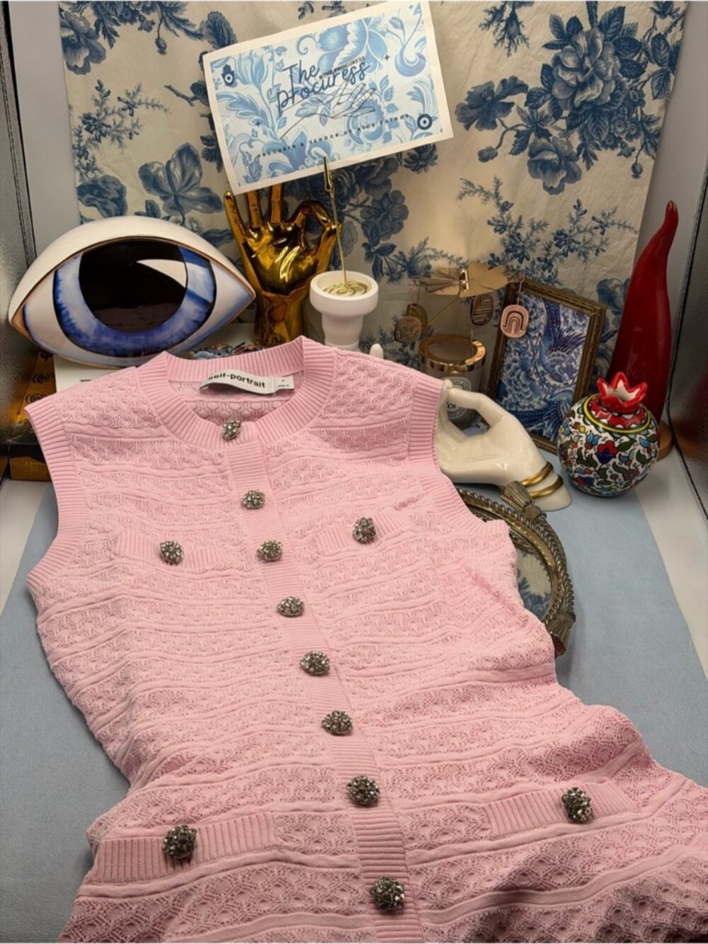 🆕 SELF-PORTRAIT 🧿 NWOT Pink Pointelle Diamante Button Knit Mini Dress, Sz M - Picture 13 of 16